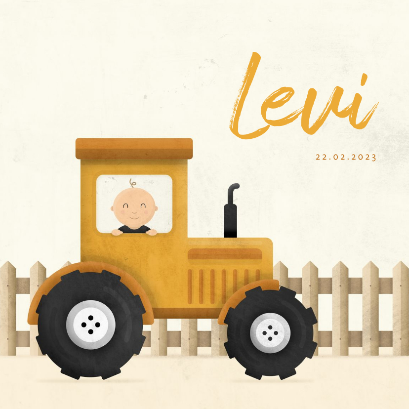 Geboortekaartjes - Geboortekaartje tractor met baby en hekje