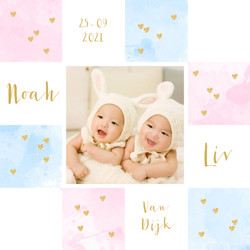 Geboortekaartjes - Geboortekaartje tweeling foto aquarel vakjes roze en blauw