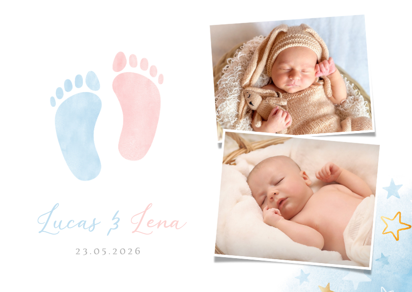 Geboortekaartjes - Geboortekaartje tweeling jongen meisje voetjes en foto's