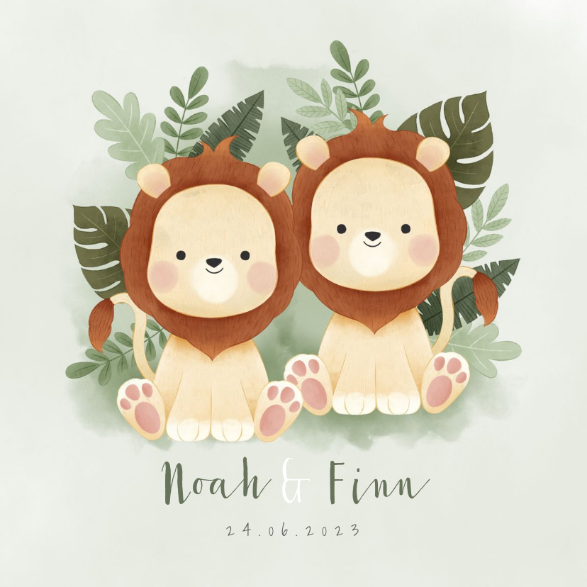 Geboortekaartjes - Geboortekaartje tweeling jongetje leeuwtjes jungleblad