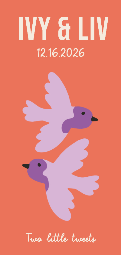 Geboortekaartje tweeling meisjes rood met paars en vogeltjes - Geboortekaartjes Geboortekaartjes - Geboortekaartje tweeling meisjes rood met paars en vogeltjes