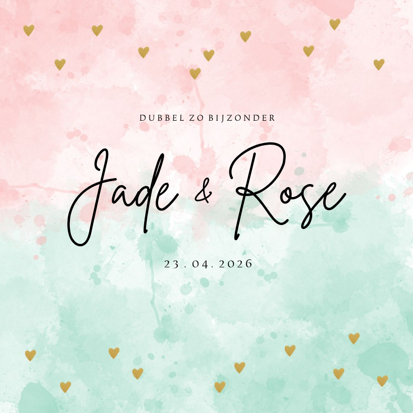 Geboortekaartje tweeling meisjes waterverf hartjes goudlook - Geboortekaartjes Geboortekaartjes - Geboortekaartje tweeling meisjes waterverf hartjes goudlook