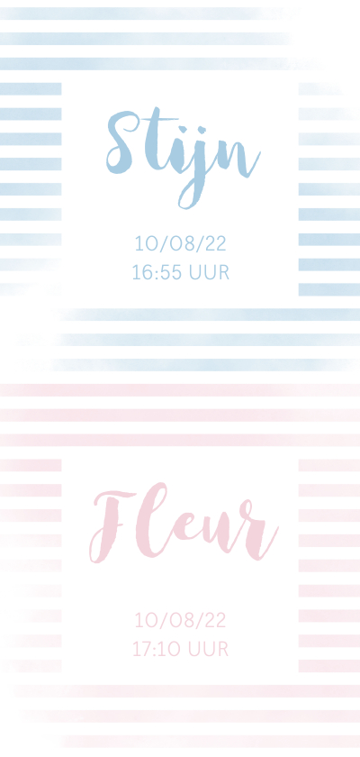 Geboortekaartje tweeling met strepen in roze/blauw - Geboortekaartjes Geboortekaartjes - Geboortekaartje tweeling met strepen in roze/blauw