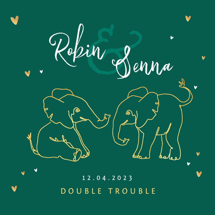 Geboortekaartje tweeling olifant dieren zusje broertje goud - Geboortekaartjes Geboortekaartjes - Geboortekaartje tweeling olifant dieren zusje broertje goud
