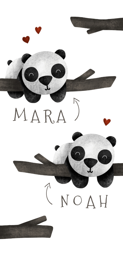 Geboortekaartje tweeling panda's met takjes lief - Geboortekaartjes Geboortekaartjes - Geboortekaartje tweeling panda's met takjes lief