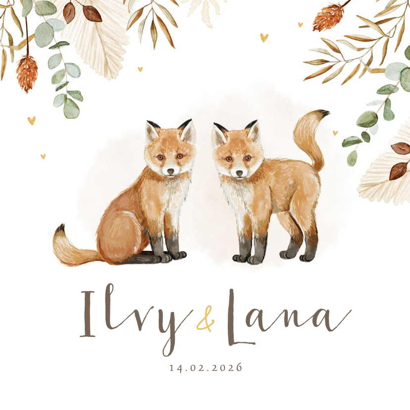 Geboortekaartje tweeling vosjes hartjes droogbloemen goud - Geboortekaartjes Geboortekaartjes - Geboortekaartje tweeling vosjes hartjes droogbloemen goud