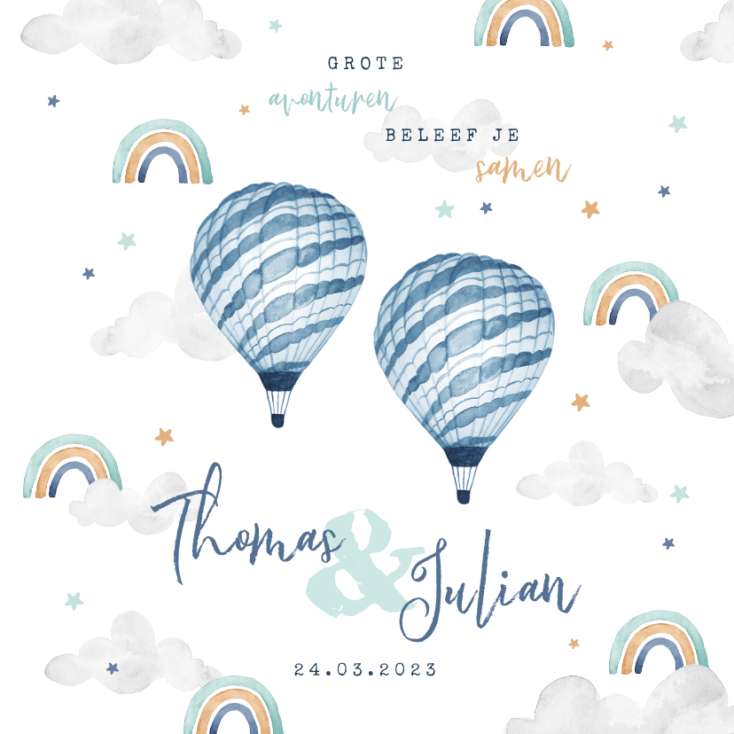 Geboortekaartje tweeling wolkje luchtballon regenboog jongen - Geboortekaartjes Geboortekaartjes - Geboortekaartje tweeling wolkje luchtballon regenboog jongen