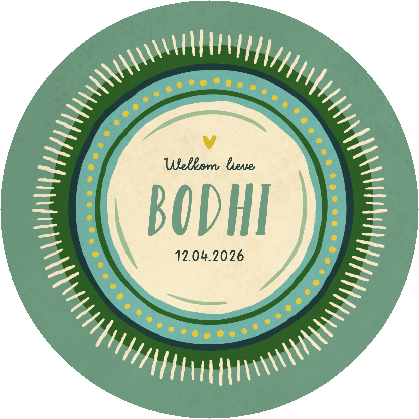 Geboortekaartjes - Geboortekaartje uniek bohemian in cirkelvorm groen kader