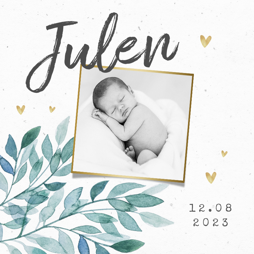 Geboortekaartje unisex bladeren hartjes goud foto - Geboortekaartjes Geboortekaartjes - Geboortekaartje unisex bladeren hartjes goud foto