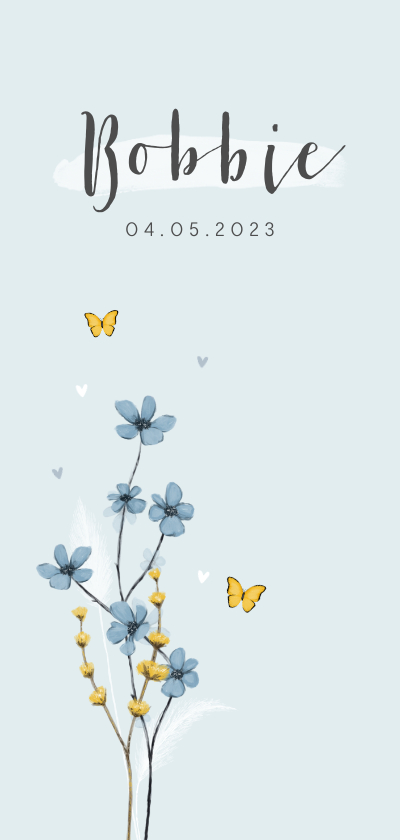 Geboortekaartjes - Geboortekaartje unisex bloemen lief hartjes bloemen vlinder