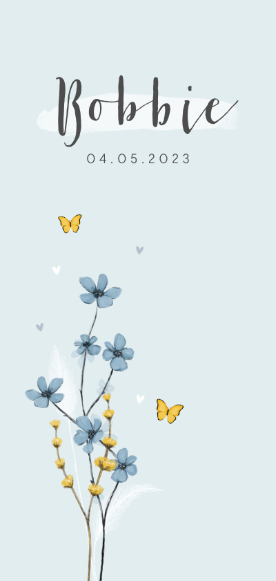 Geboortekaartje unisex bloemen lief hartjes bloemen vlinder - Geboortekaartjes Geboortekaartjes - Geboortekaartje unisex bloemen lief hartjes bloemen vlinder