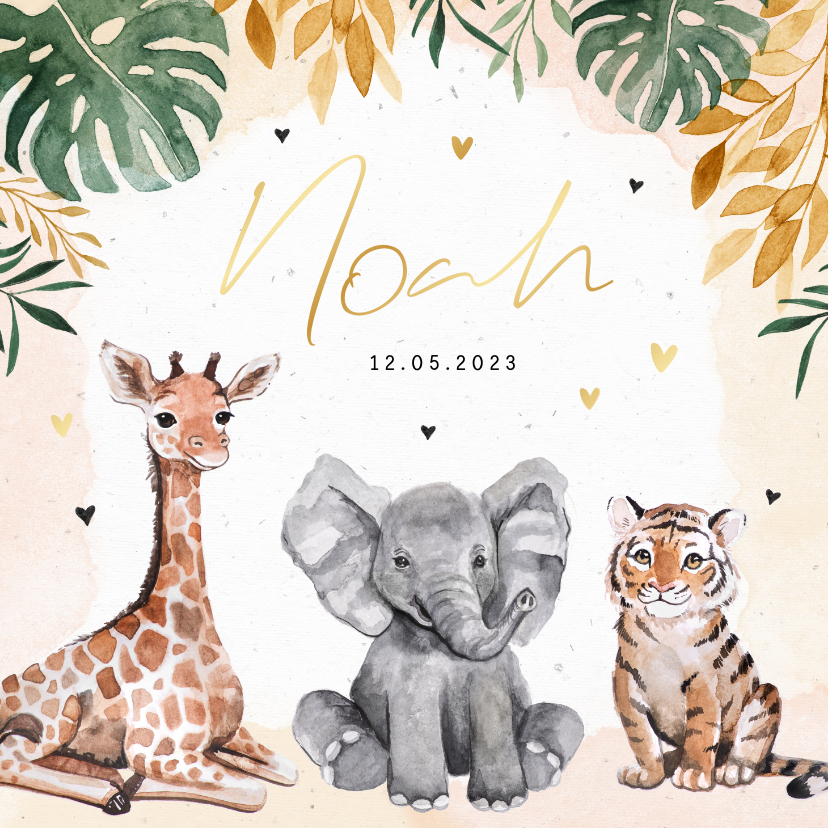 Geboortekaartjes - Geboortekaartje unisex dieren jungle giraf olifant tijger