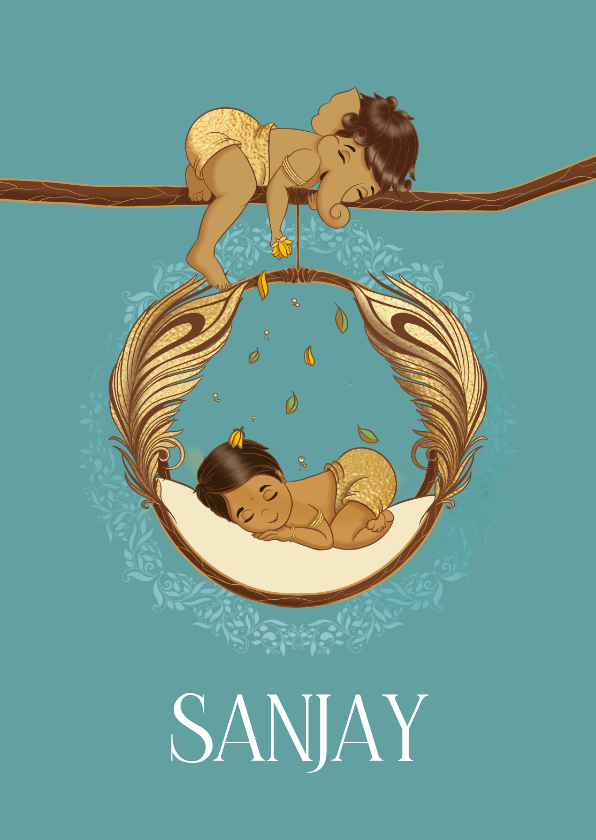 Geboortekaartjes - Geboortekaartje van Ganesha met een Indiaas kindje