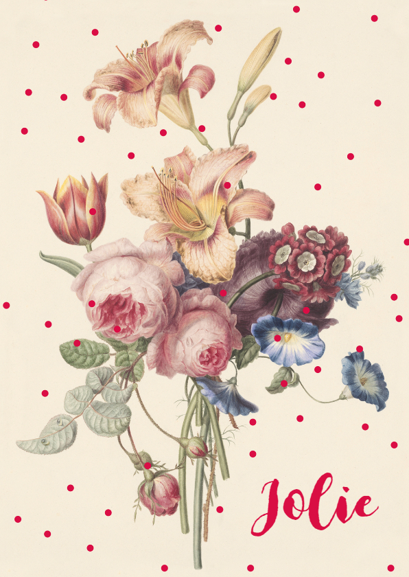 Geboortekaartje vintage bloemen in pastelkleur met stippen - Geboortekaartjes Geboortekaartjes - Geboortekaartje vintage bloemen in pastelkleur met stippen