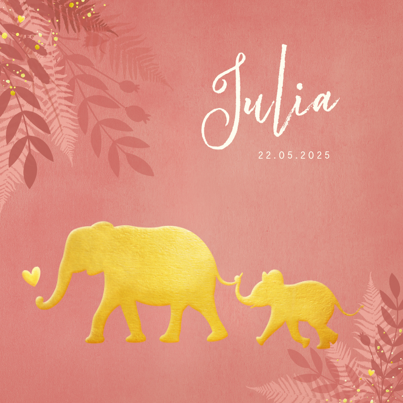 Geboortekaartje voor een meisje Jungle met gouden olifant - Geboortekaartjes Geboortekaartjes - Geboortekaartje voor een meisje Jungle met gouden olifant