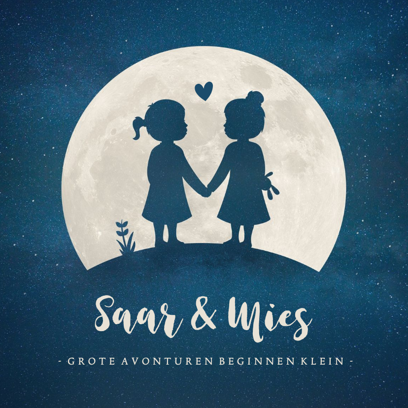 Geboortekaartje voor een meisjes tweeling silhouette in maan - Geboortekaartjes Geboortekaartjes - Geboortekaartje voor een meisjes tweeling silhouette in maan