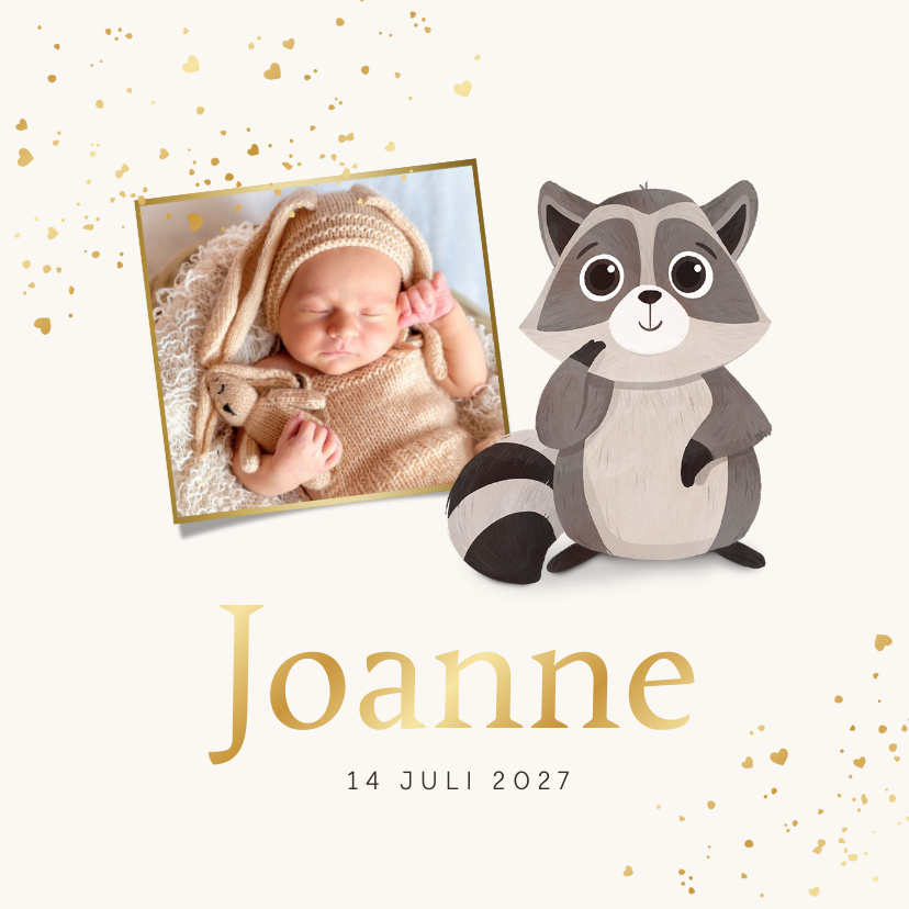 Geboortekaartje wasbeertje foto goud hartjes unisex - Geboortekaartjes Geboortekaartjes - Geboortekaartje wasbeertje foto goud hartjes unisex