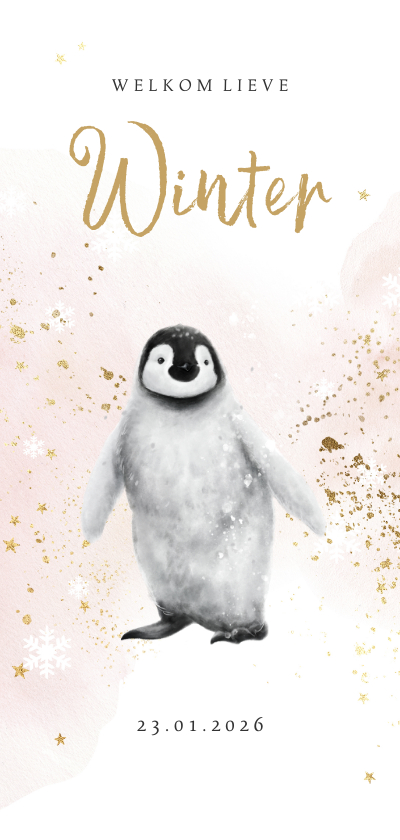 Geboortekaartjes - Geboortekaartje winter pinguïn watercolour spetter goudlook