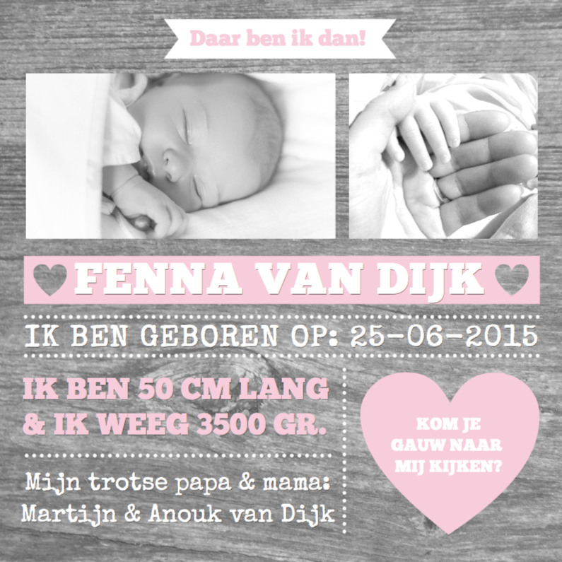 Geboortekaartje Wood&Hearts Girl - Geboortekaartjes Geboortekaartjes - Geboortekaartje Wood&Hearts Girl