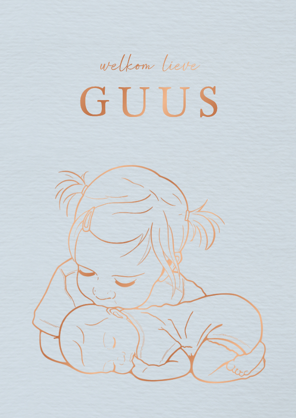 Geboortekaartje zus kust liggend baby’tje – koperfolie - Geboortekaartjes Geboortekaartjes - Geboortekaartje zus kust liggend baby’tje – koperfolie