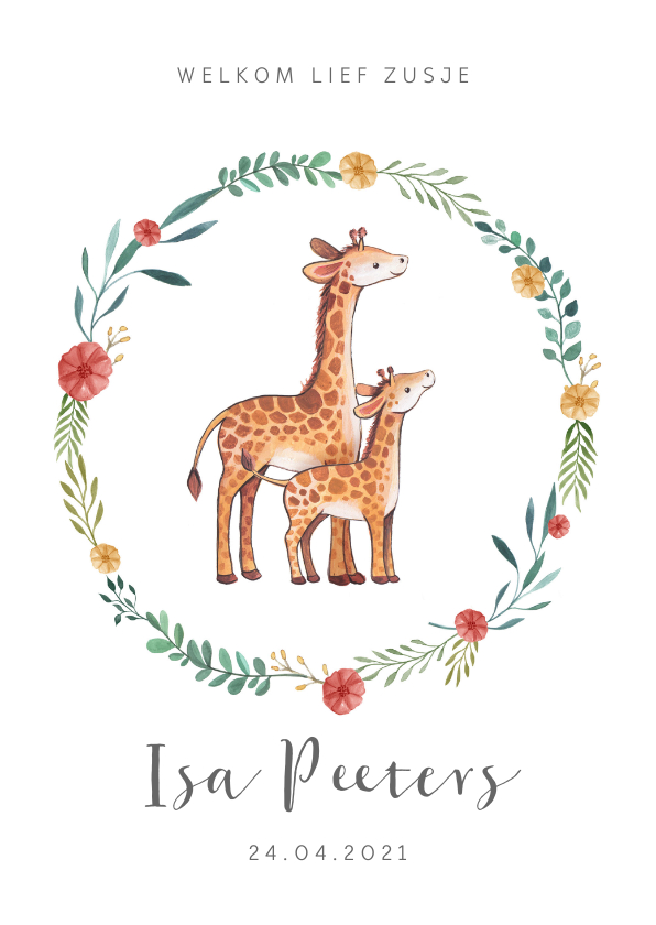 Geboortekaartje zusje lief met twee kleine girafjes - Geboortekaartjes Geboortekaartjes - Geboortekaartje zusje lief met twee kleine girafjes