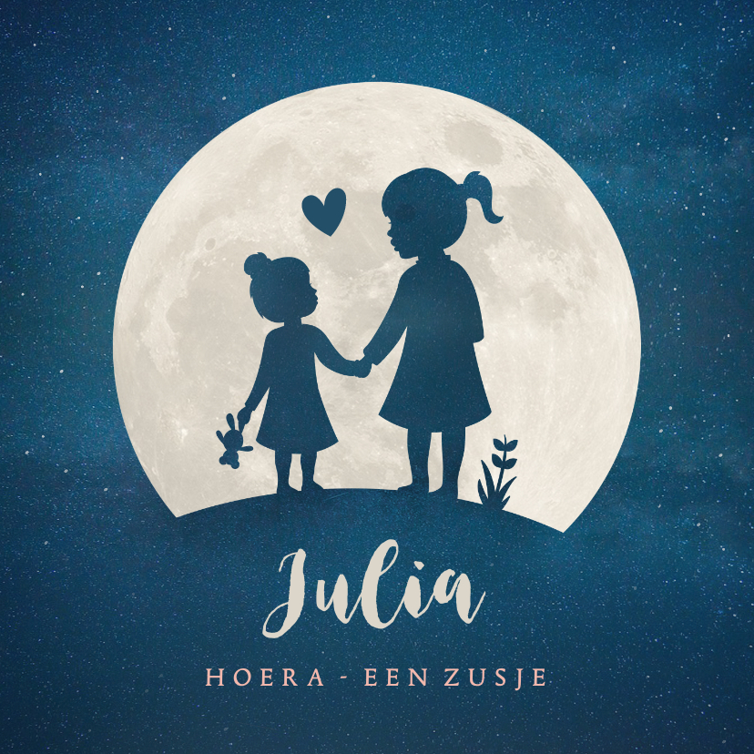 Geboortekaartje zusje - silhouet hand in hand met maan - Geboortekaartjes Geboortekaartjes - Geboortekaartje zusje - silhouet hand in hand met maan