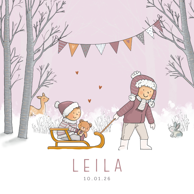 Geboortekaartje zusje trekt slee met baby meisje - Geboortekaartjes Geboortekaartjes - Geboortekaartje zusje trekt slee met baby meisje