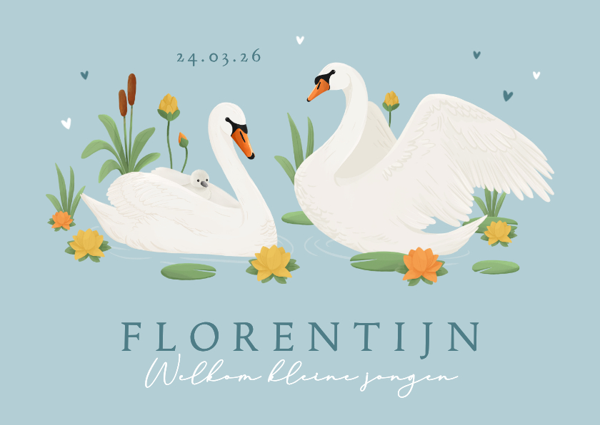 Geboortekaartjes - Geboortekaartje zwaan waterlelie blauw stijlvol gezin