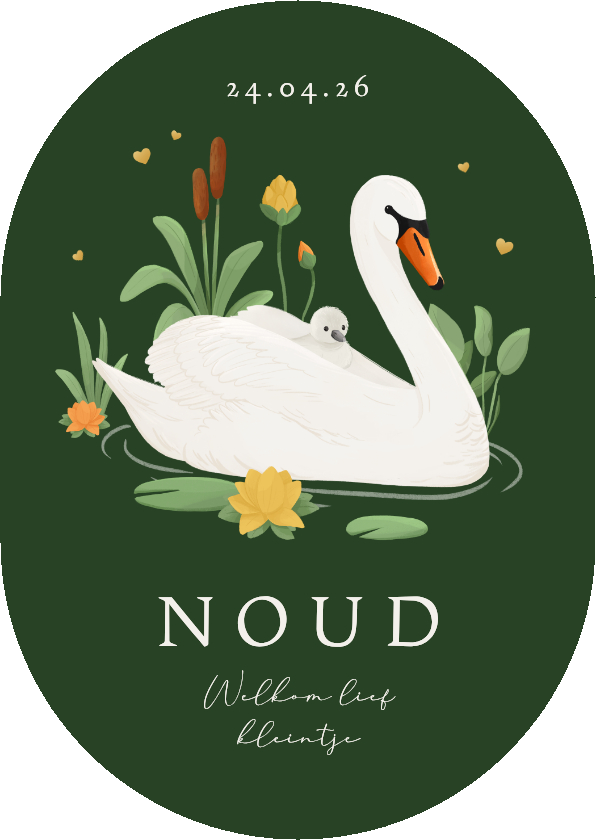 Geboortekaartjes - Geboortekaartje zwaan waterlelie groen stijlvol pilvorm