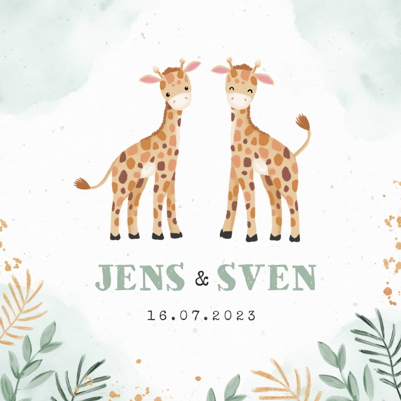 Geboortekaartjes tweeling giraf dieren botanisch goud - Geboortekaartjes Geboortekaartjes - Geboortekaartjes tweeling giraf dieren botanisch goud