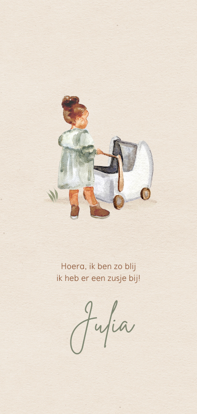Getekend geboortekaartje tweede kind grote zus kinderwagen - Geboortekaartjes Geboortekaartjes - Getekend geboortekaartje tweede kind grote zus kinderwagen