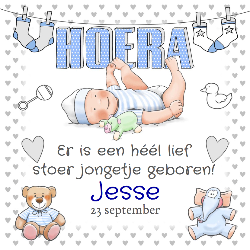 Grappige geboortekaart Hoera jongen en knuffels - Geboortekaartjes Geboortekaartjes - Grappige geboortekaart Hoera jongen en knuffels