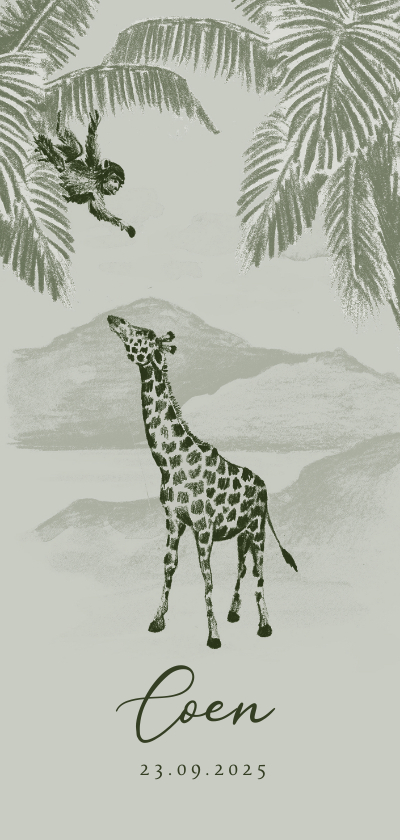 Geboortekaartjes - Groen geboortekaartje jungle handgetekend giraf aapje