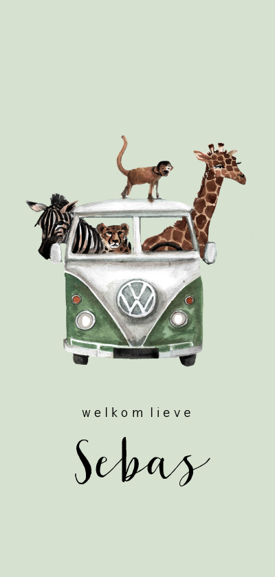 Geboortekaartjes - Groen jungle geboortekaartje met een bus vol diertjes