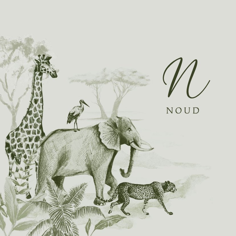 Groen vintage geboortekaartje jungledieren - Geboortekaartjes Geboortekaartjes - Groen vintage geboortekaartje jungledieren