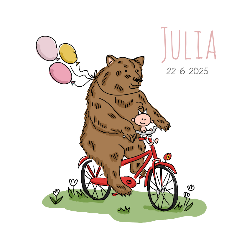 Geboortekaartjes - Grote beer op fiets met baby en roze ballonnen
