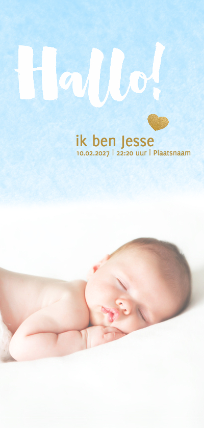 Hallo kaart langwerpig waterverf blauw - DH - Geboortekaartjes Geboortekaartjes - Hallo kaart langwerpig waterverf blauw - DH