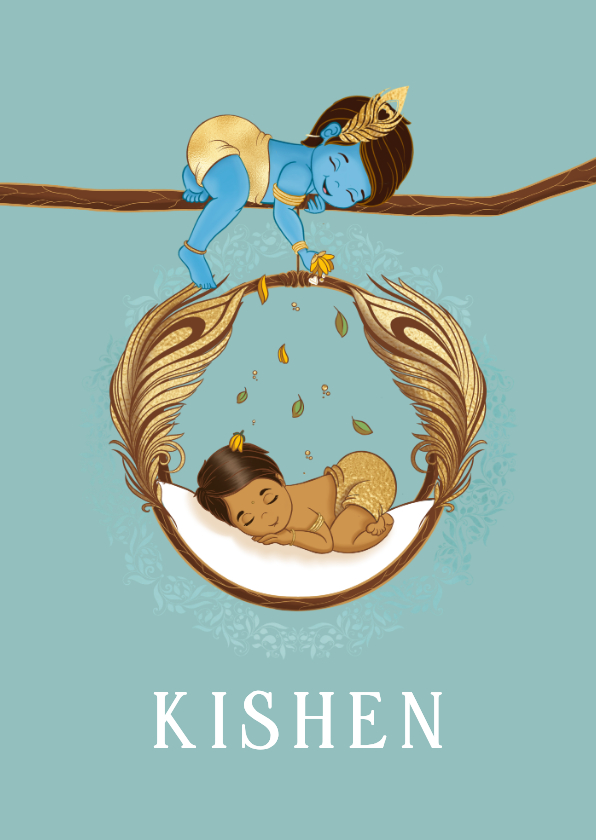 Hindoestaanse geboortekaartje Krishna en baby - Geboortekaartjes Geboortekaartjes - Hindoestaanse geboortekaartje Krishna en baby
