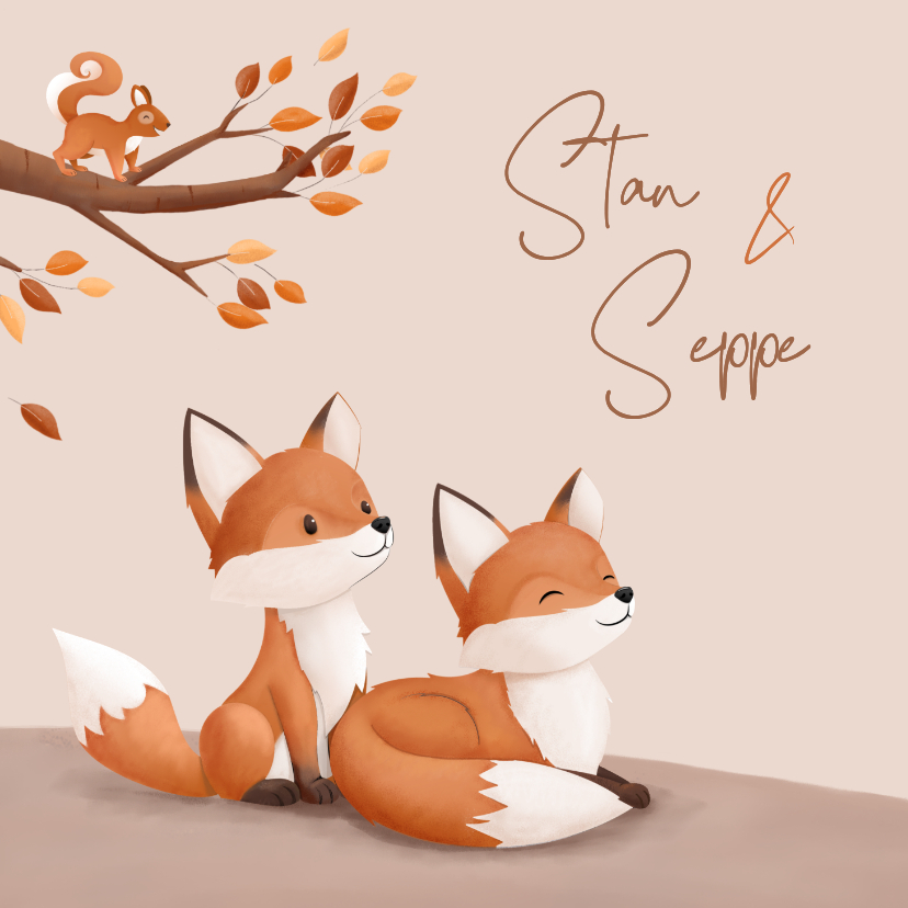 Hip geboortekaartje bosdieren illustratie vosjes tweeling - Geboortekaartjes Geboortekaartjes - Hip geboortekaartje bosdieren illustratie vosjes tweeling