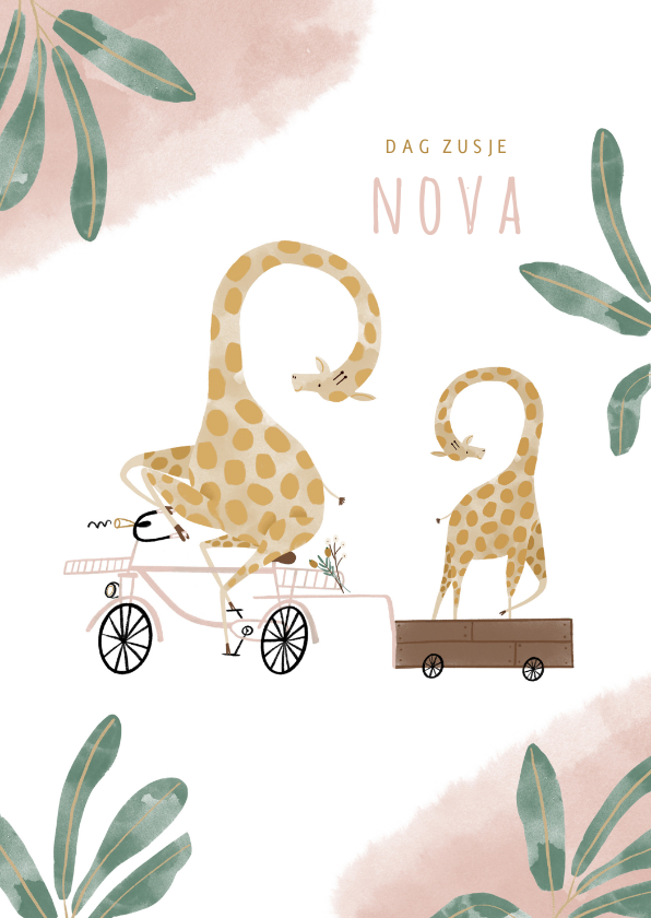 Geboortekaartjes - Hip geboortekaartje dag zusje giraffen fiets roze waterverf