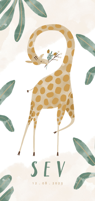 Geboortekaartjes - Hip geboortekaartje giraf met bladeren unisex