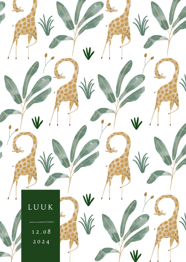 Hip geboortekaartje giraffen patroon met label - Geboortekaartjes Geboortekaartjes - Hip geboortekaartje giraffen patroon met label