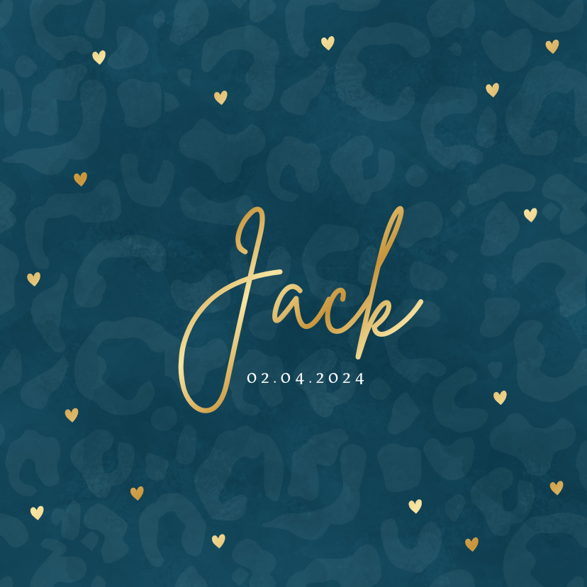 Hip geboortekaartje jongetje panterprint en gouden hartjes - Geboortekaartjes Geboortekaartjes - Hip geboortekaartje jongetje panterprint en gouden hartjes
