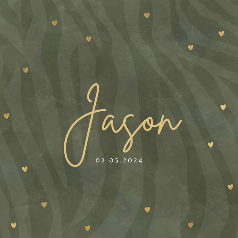 Hip geboortekaartje jongetje tijgerprint en gouden hartjes - Geboortekaartjes Geboortekaartjes - Hip geboortekaartje jongetje tijgerprint en gouden hartjes
