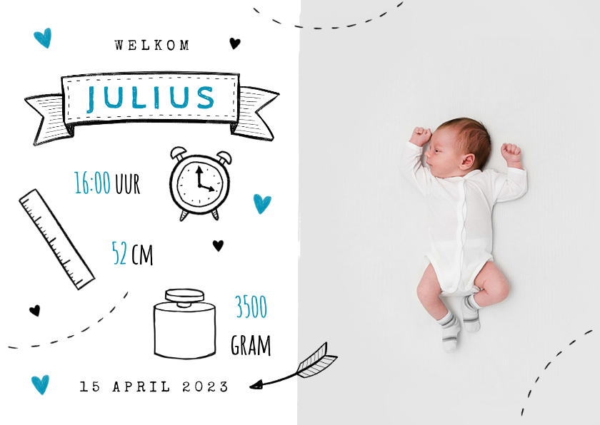 Hip geboortekaartje met doodle illustraties jongen foto - Geboortekaartjes Geboortekaartjes - Hip geboortekaartje met doodle illustraties jongen foto