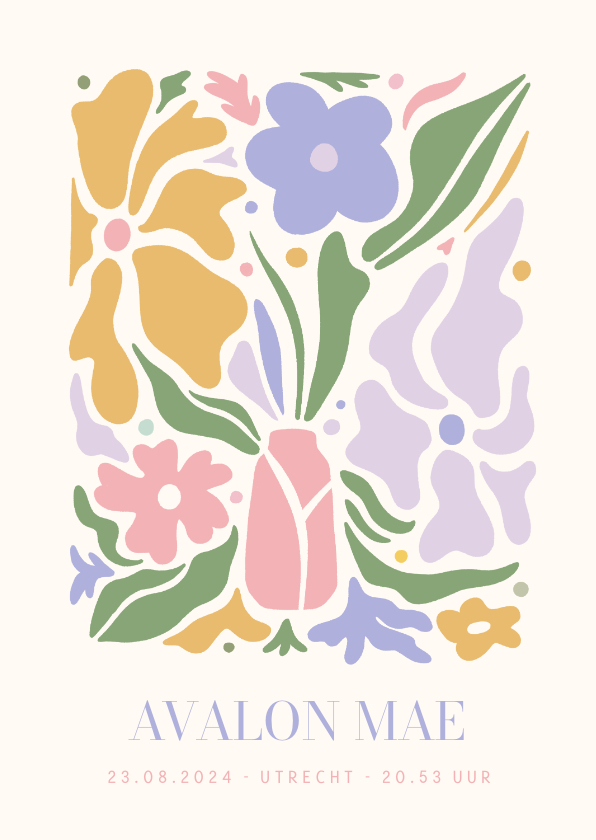 Geboortekaartjes - Hip geboortekaartje poster stijl met gekleurde bloemen