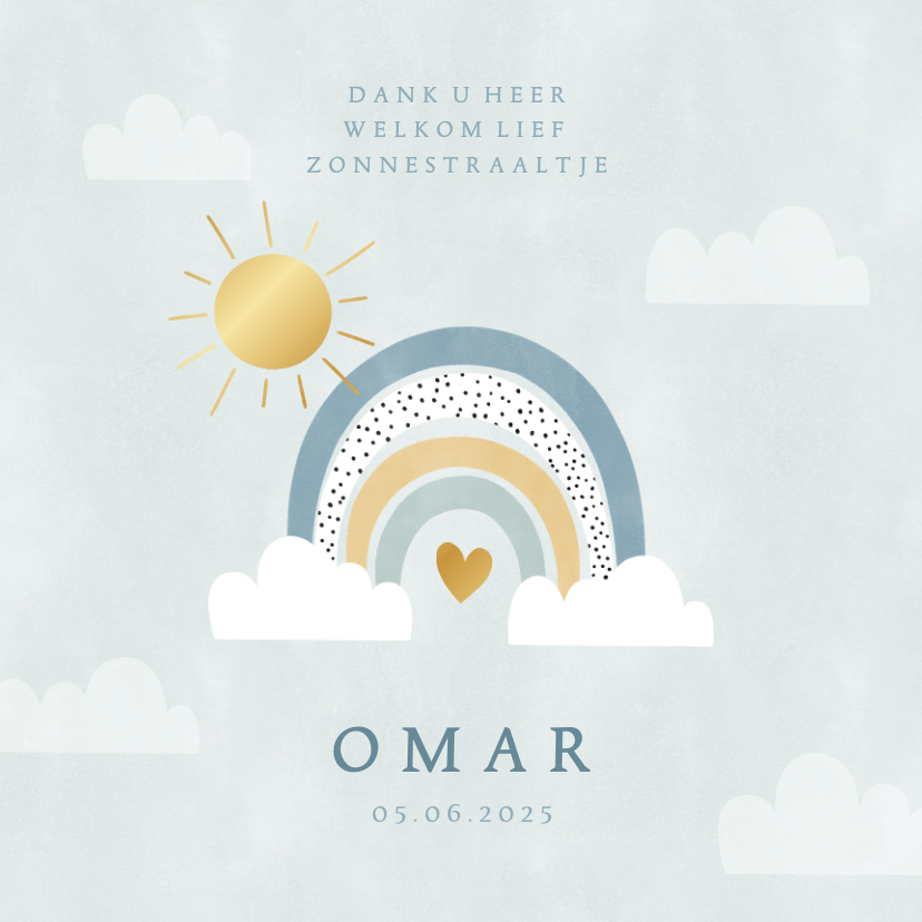 Geboortekaartjes - Hip geboortekaartje zon achter regenboog en wolkjes