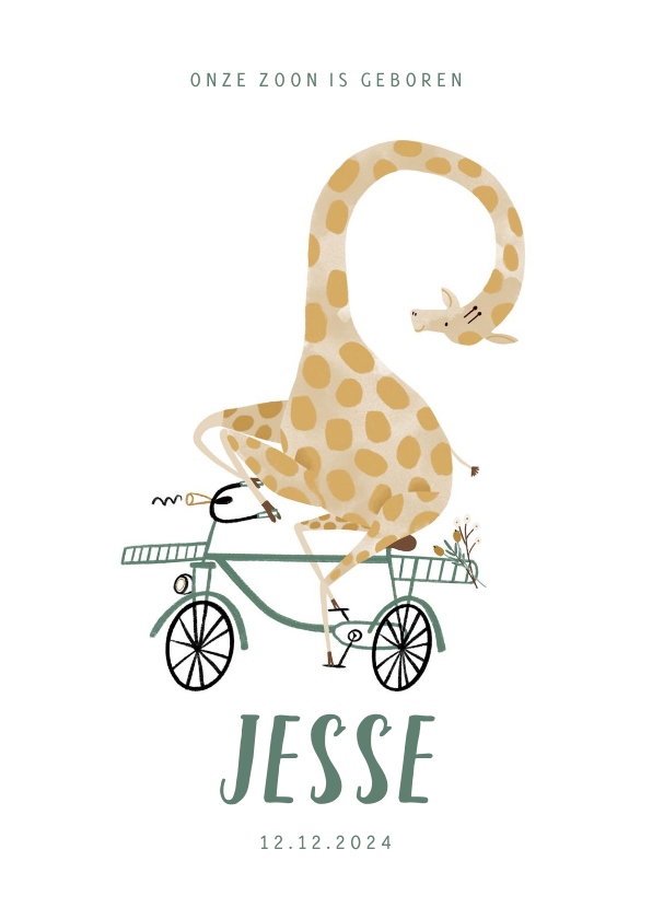 Geboortekaartjes - Hip lief geboortekaartje giraf op de fiets illustratie