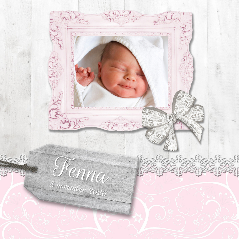 Geboortekaartjes - Hout met label roze meisje - BK