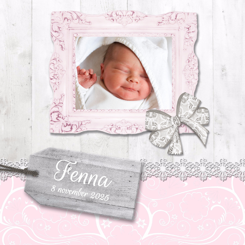 Geboortekaartjes - Hout met label roze meisje - BK
